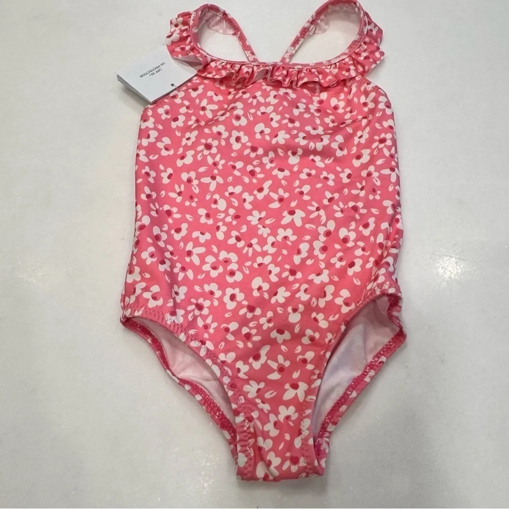 Zara Baby Girl One Piece Swim Suit UPF +50 Pink Floral Sz 6-12 Months NWT